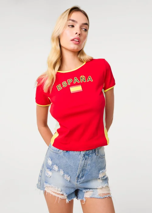 Pink Vanilla Red Spain Embellished Football T-Shirt - M/L Image 1
