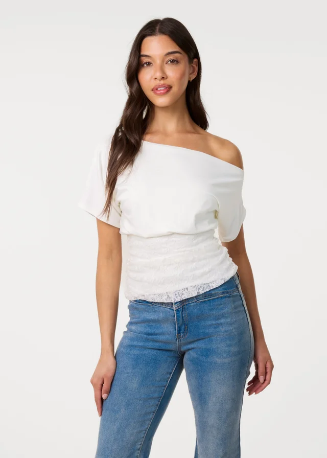 Pink Vanilla Ivory Slinky Puffball Top With Lace