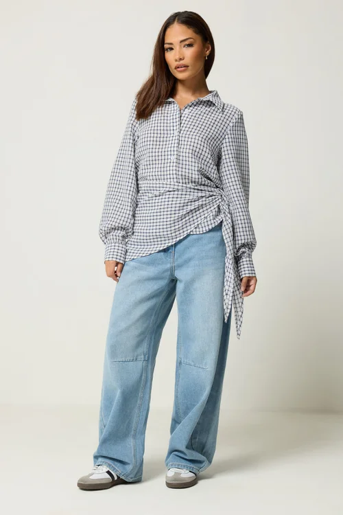 PixieGirl Petite Navy Blue Check Cotton Bandana Shirt - 14 Image 3