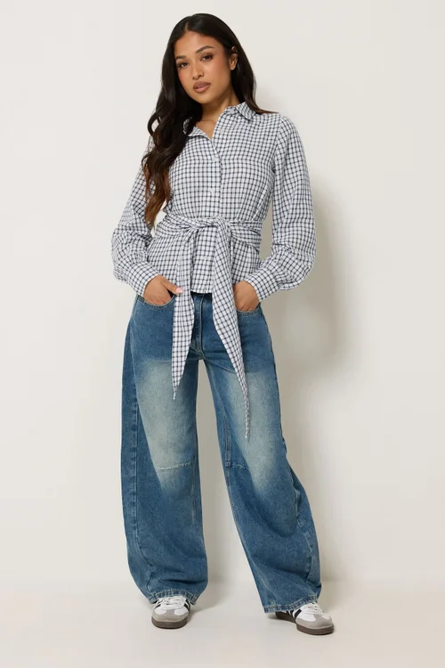 PixieGirl Petite Navy Blue Check Cotton Bandana Shirt - 14 Image 2