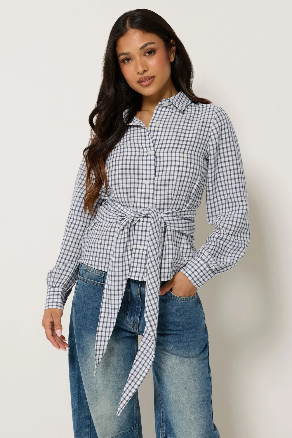 PixieGirl Petite Navy Blue Check Cotton Bandana Shirt - 14 Image 1