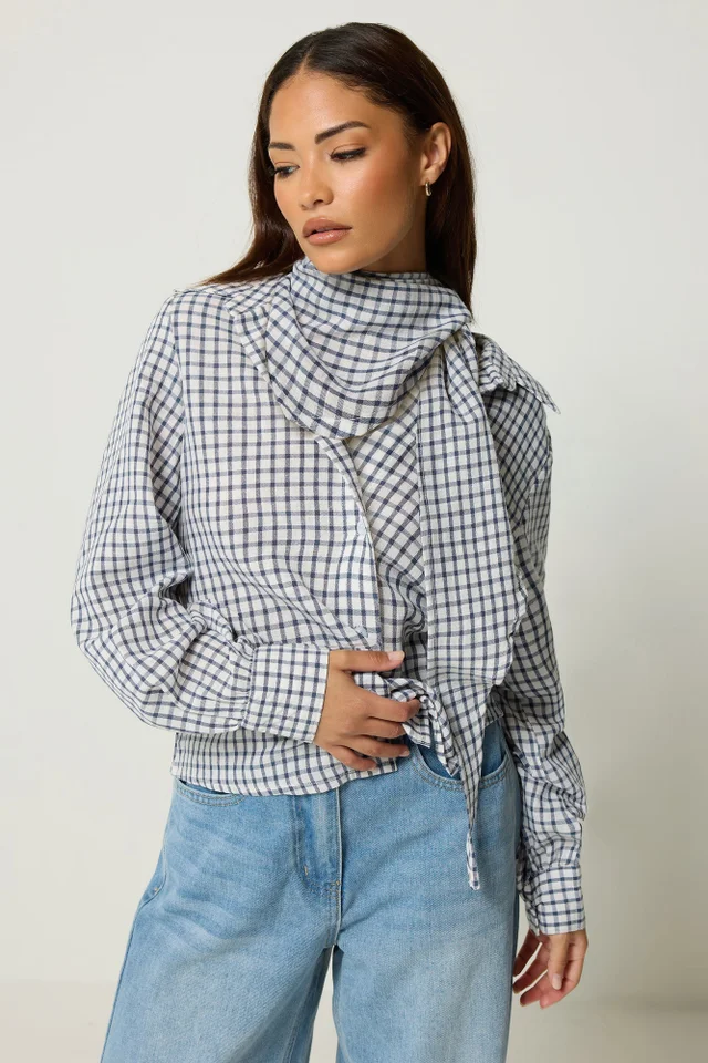 PixieGirl Petite Navy Blue Check Cotton Bandana Shirt