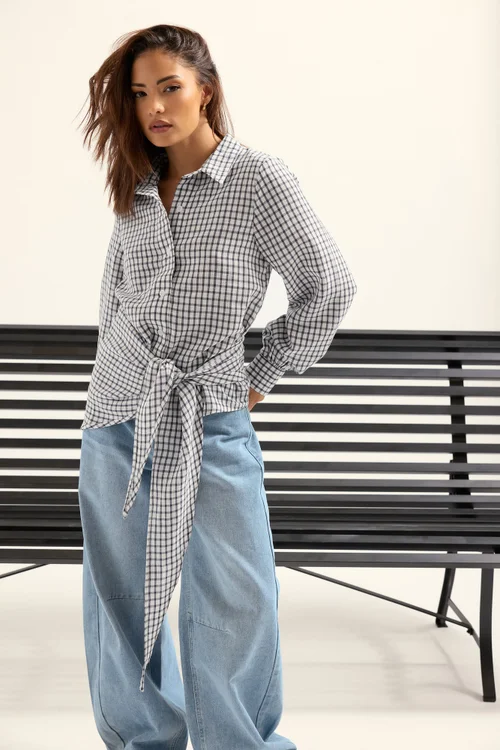 PixieGirl Petite Navy Blue Check Cotton Bandana Shirt - 14 Image 1