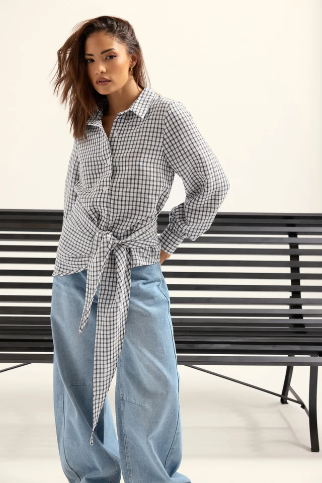 PixieGirl Petite Navy Blue Check Cotton Bandana Shirt