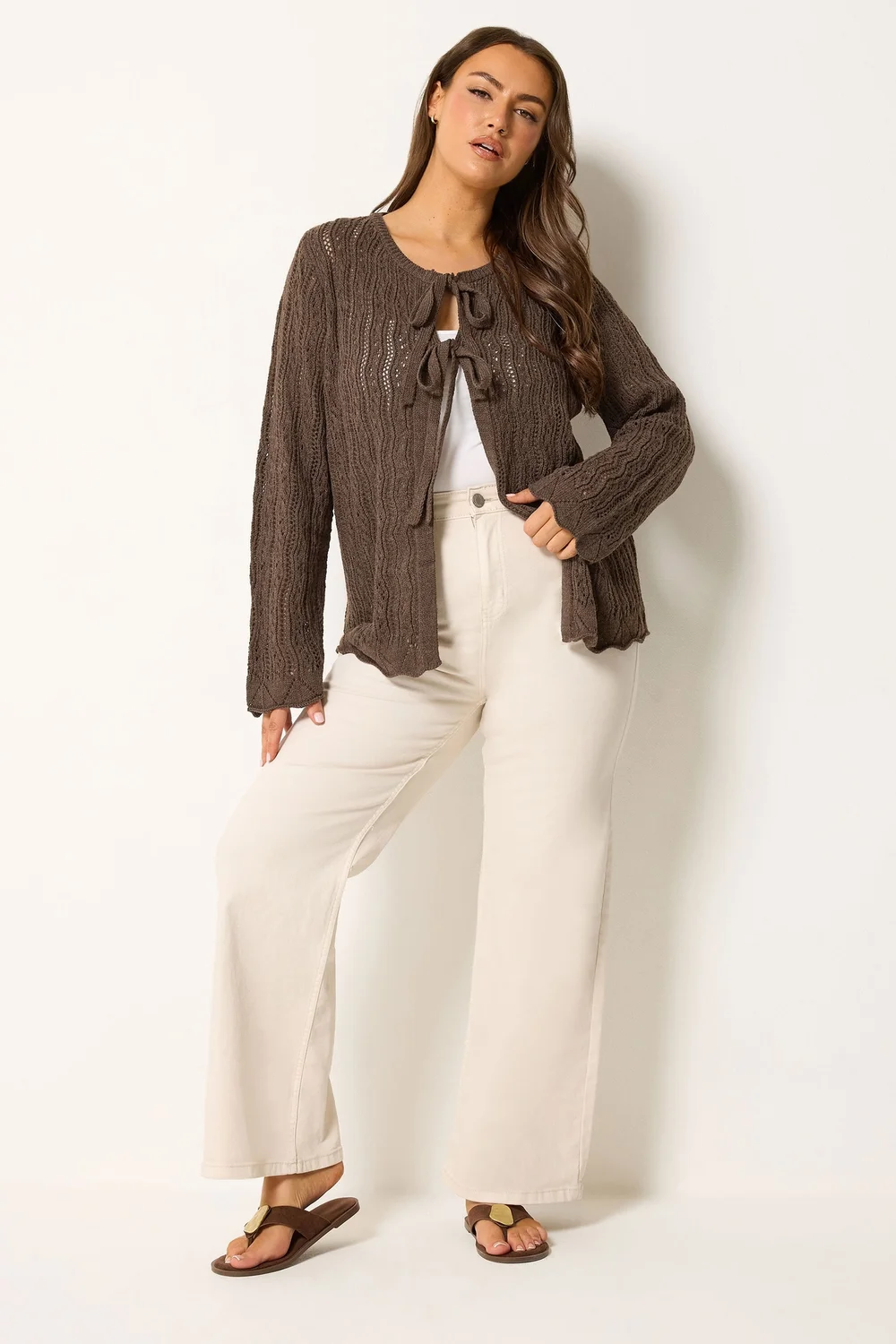 Yours Curve Chocolate Brown Crochet Cardigan - 14-16 Image 2