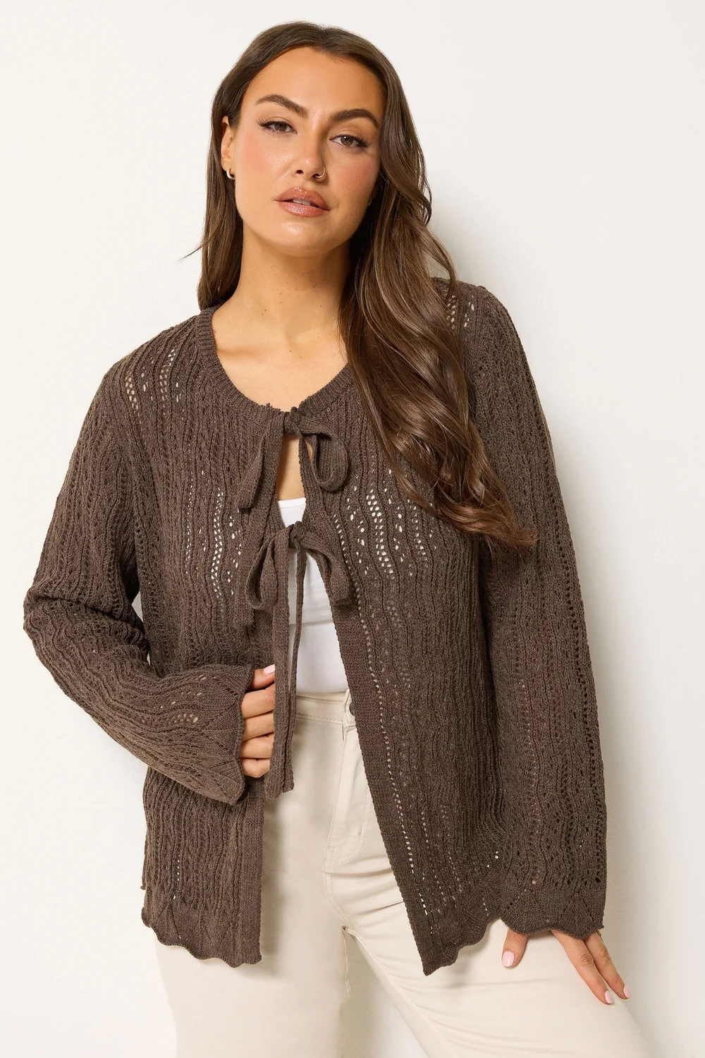 Yours Curve Chocolate Brown Crochet Cardigan - 14-16 Image 1