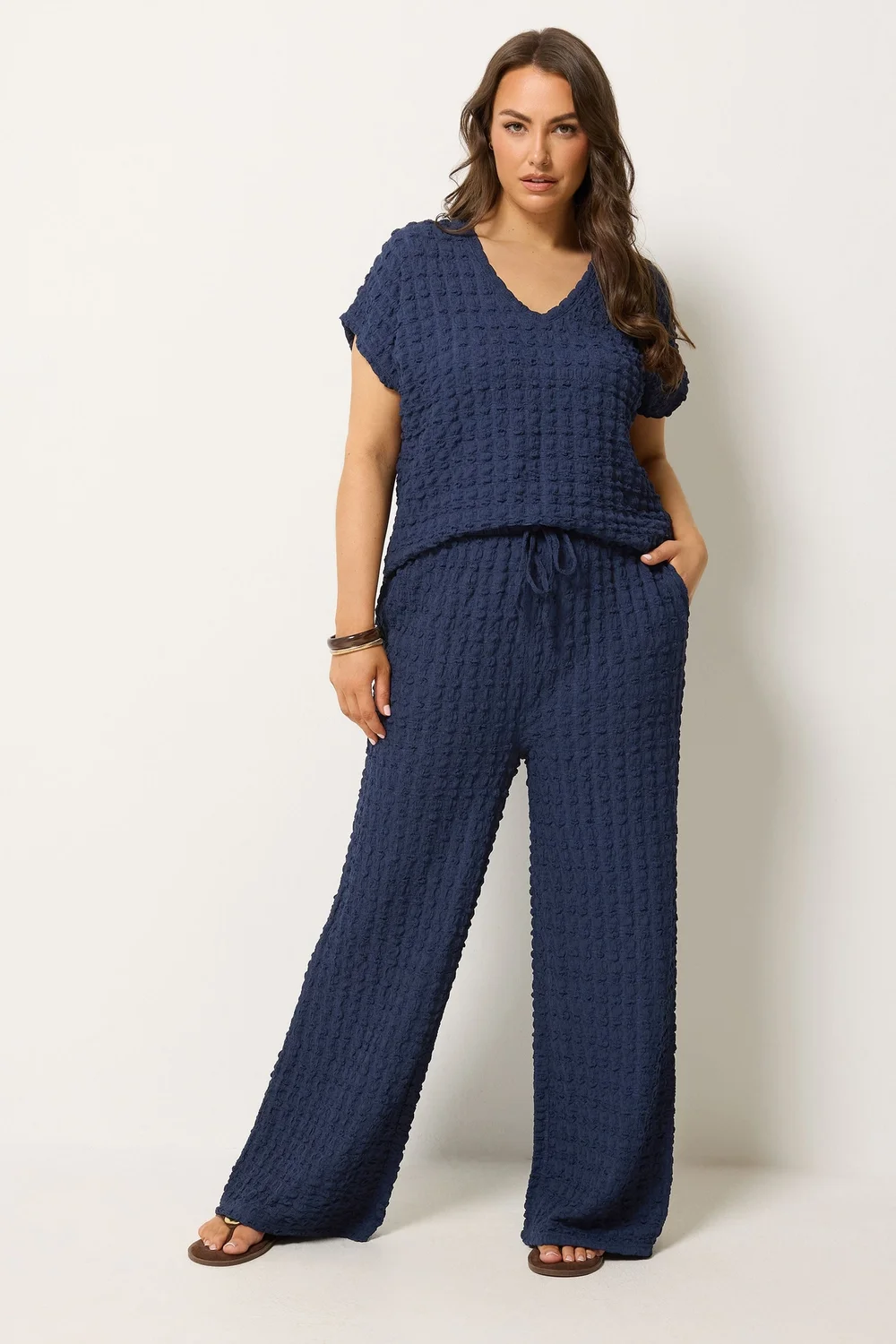 Yours Curve Navy Blue Bubble Textured Wide Leg Trousers - 14/L28 Image 3