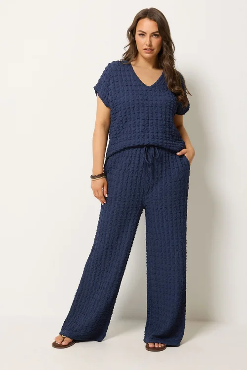 Yours Curve Navy Blue Bubble Textured Wide Leg Trousers - 14/L28 Image 3