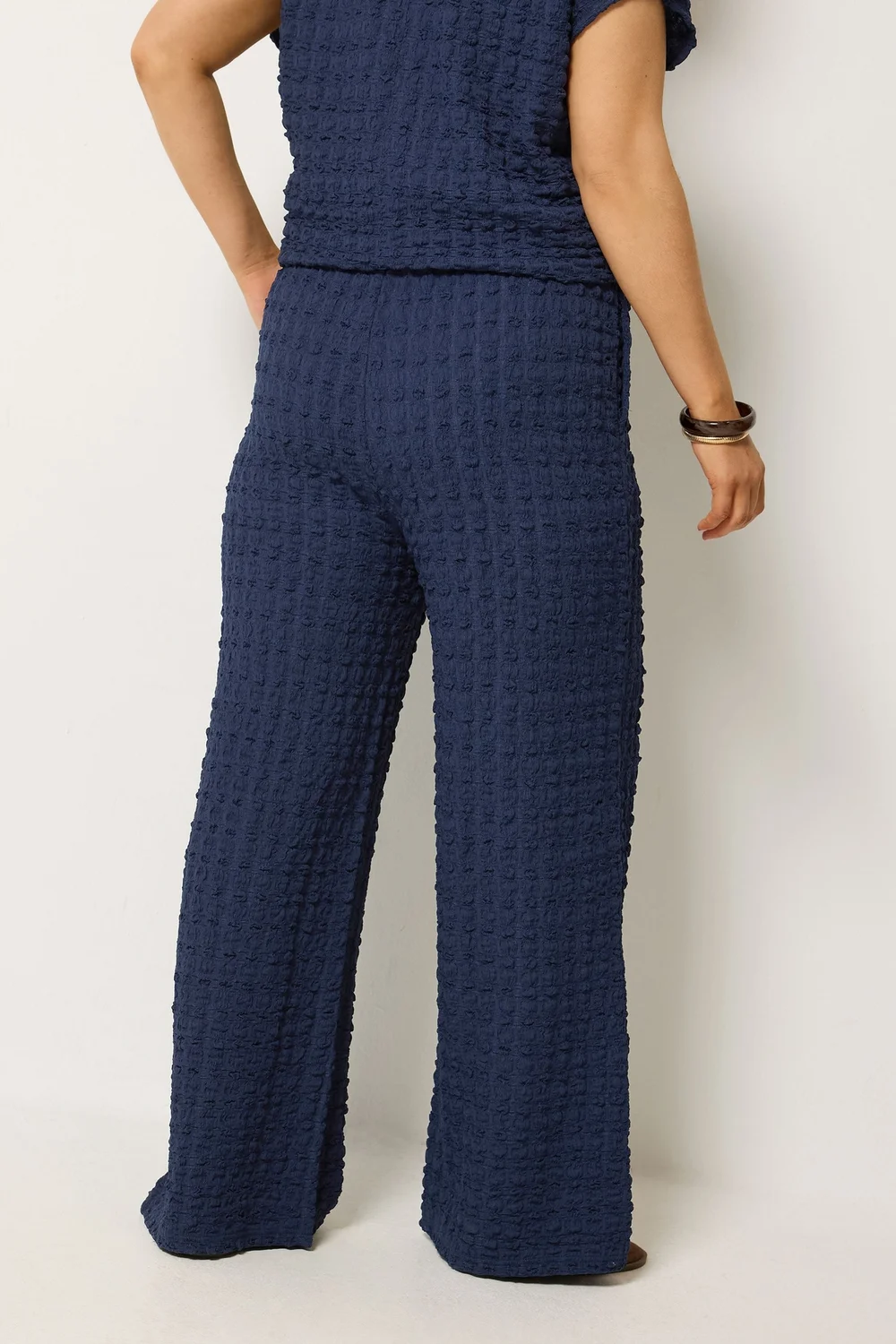 Yours Curve Navy Blue Bubble Textured Wide Leg Trousers - 14/L28 Image 4