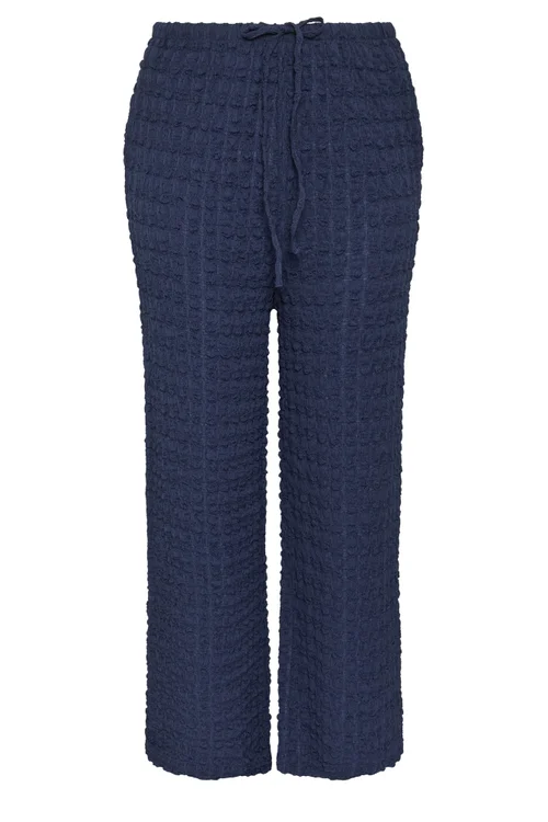 Yours Curve Navy Blue Bubble Textured Wide Leg Trousers - 14/L28 Image 2