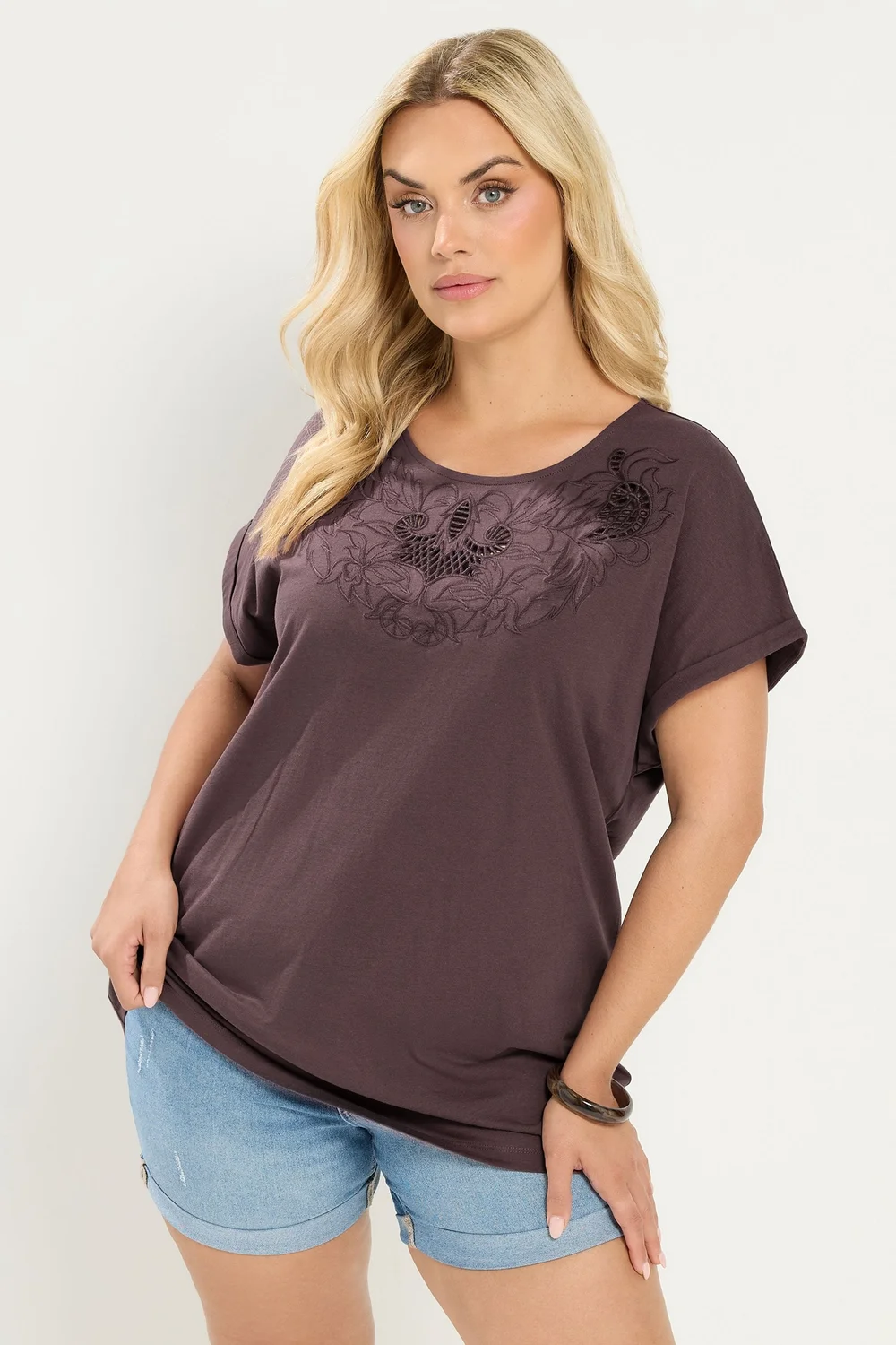 Yours Curve Brown Broderie Anglaise Grown On Sleeve T-Shirt - 38-40 Image 1
