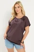 Yours Curve Brown Broderie Anglaise Grown On Sleeve T-Shirt - 38-40 Image 1