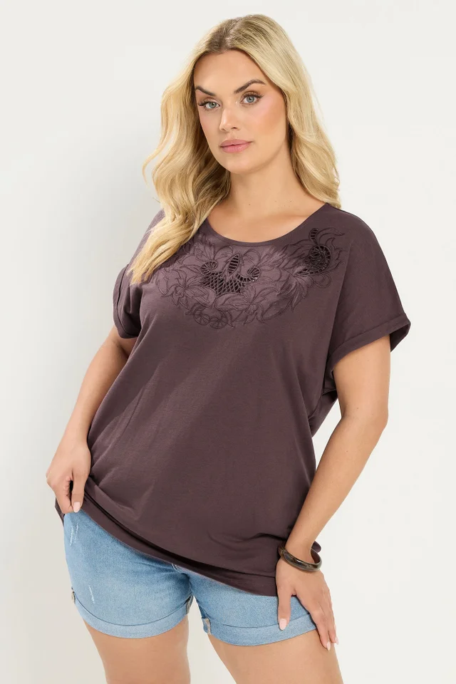 Yours Curve Brown Broderie Anglaise Grown On Sleeve T-Shirt