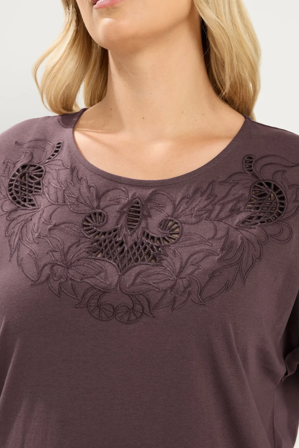 Yours Curve Brown Broderie Anglaise Grown On Sleeve T-Shirt - 38-40 Image 4