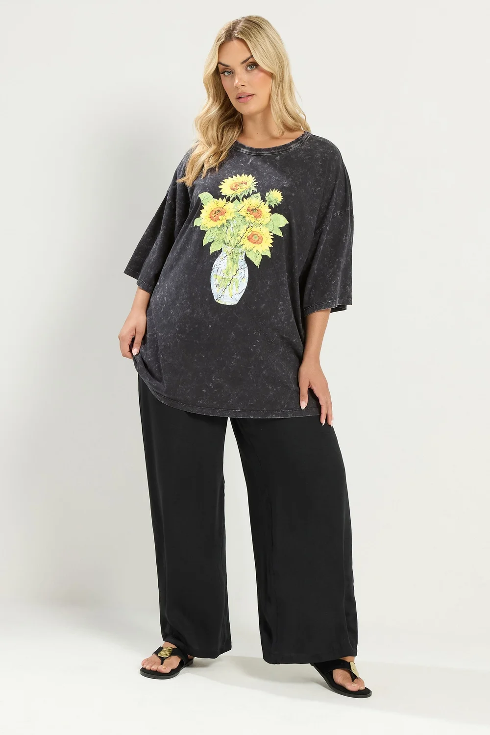 Yours Curve Grey Acid Wash Sunflower Graphic T-Shirt - 20 Image 2