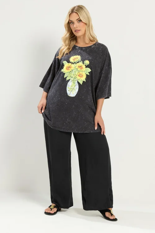 Yours Curve Grey Acid Wash Sunflower Graphic T-Shirt - 20 Image 2