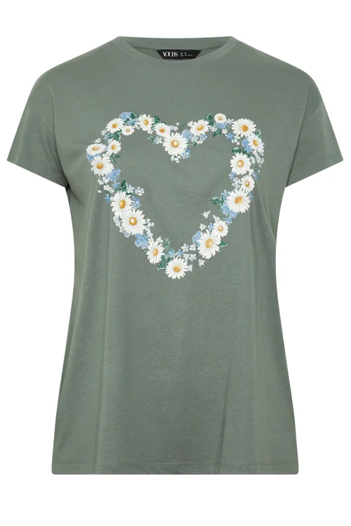 Yours Curve Green Daisy Heart T-Shirt - 30-32 Image 5