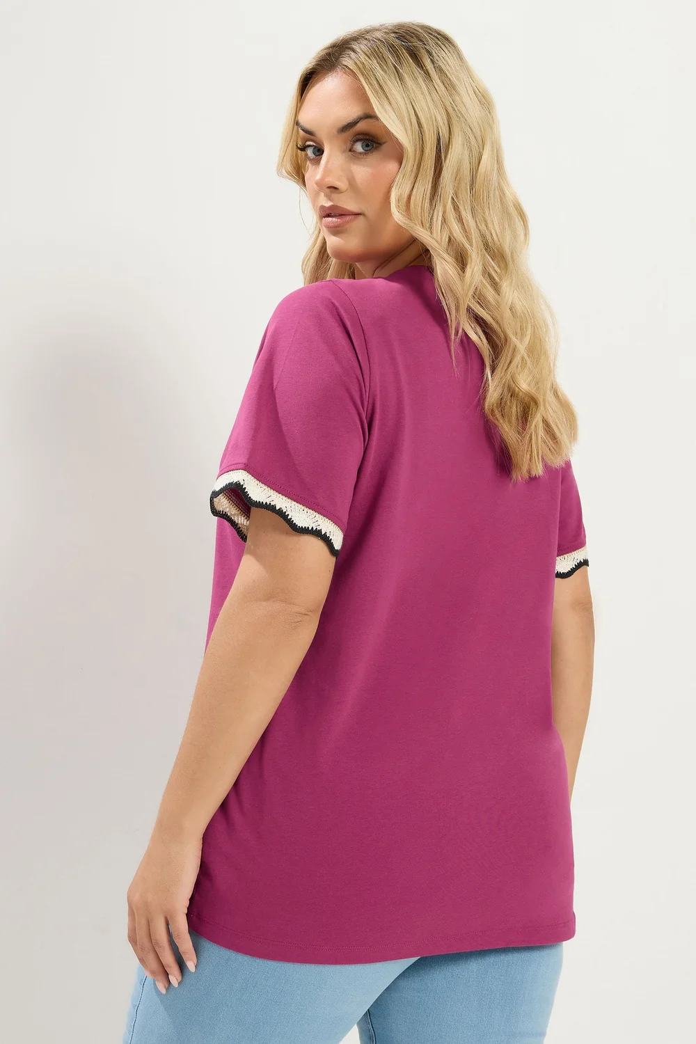 Yours Curve Dark Pink Metallic Crochet Trim T-Shirt - 16 Image 3