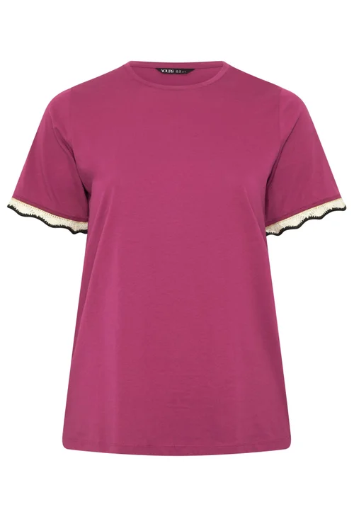 Yours Curve Dark Pink Metallic Crochet Trim T-Shirt - 16 Image 5