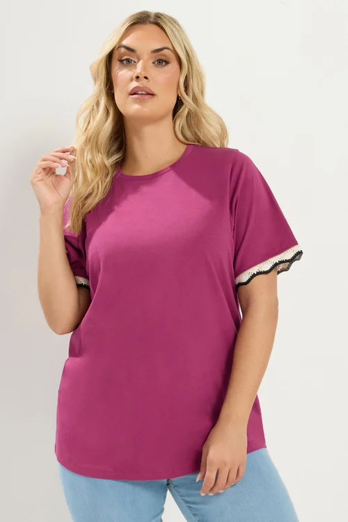 Yours Curve Dark Pink Metallic Crochet Trim T-Shirt - 16 Image 1