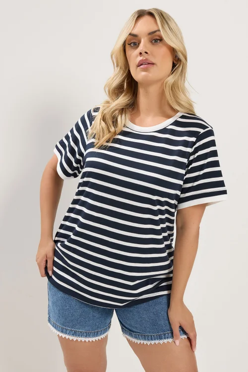 Yours Curve Navy Blue Stripe Ringer T-Shirt - 30-32 Image 1