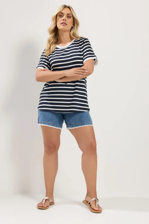 Yours Curve Navy Blue Stripe Ringer T-Shirt - 30-32 Image 2