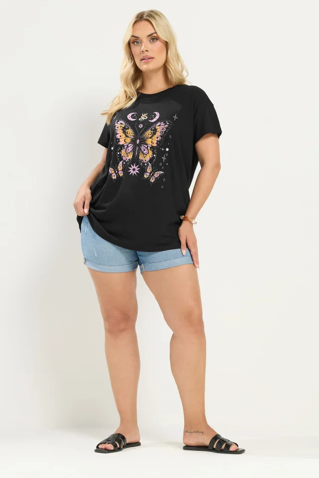 Yours Curve Black Butterfly Print T-Shirt