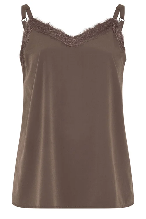 Yours Curve Chocolate Brown Lace Insert Vest Top - 16 Image 5