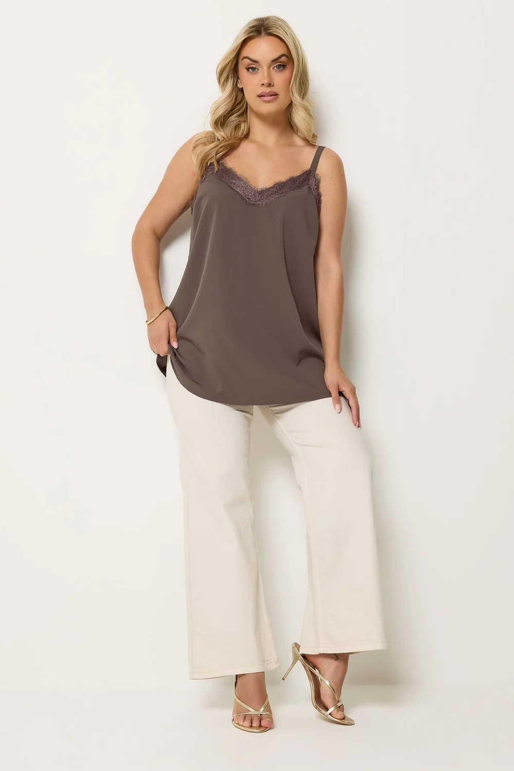 Yours Curve Chocolate Brown Lace Insert Vest Top - 16 Image 2