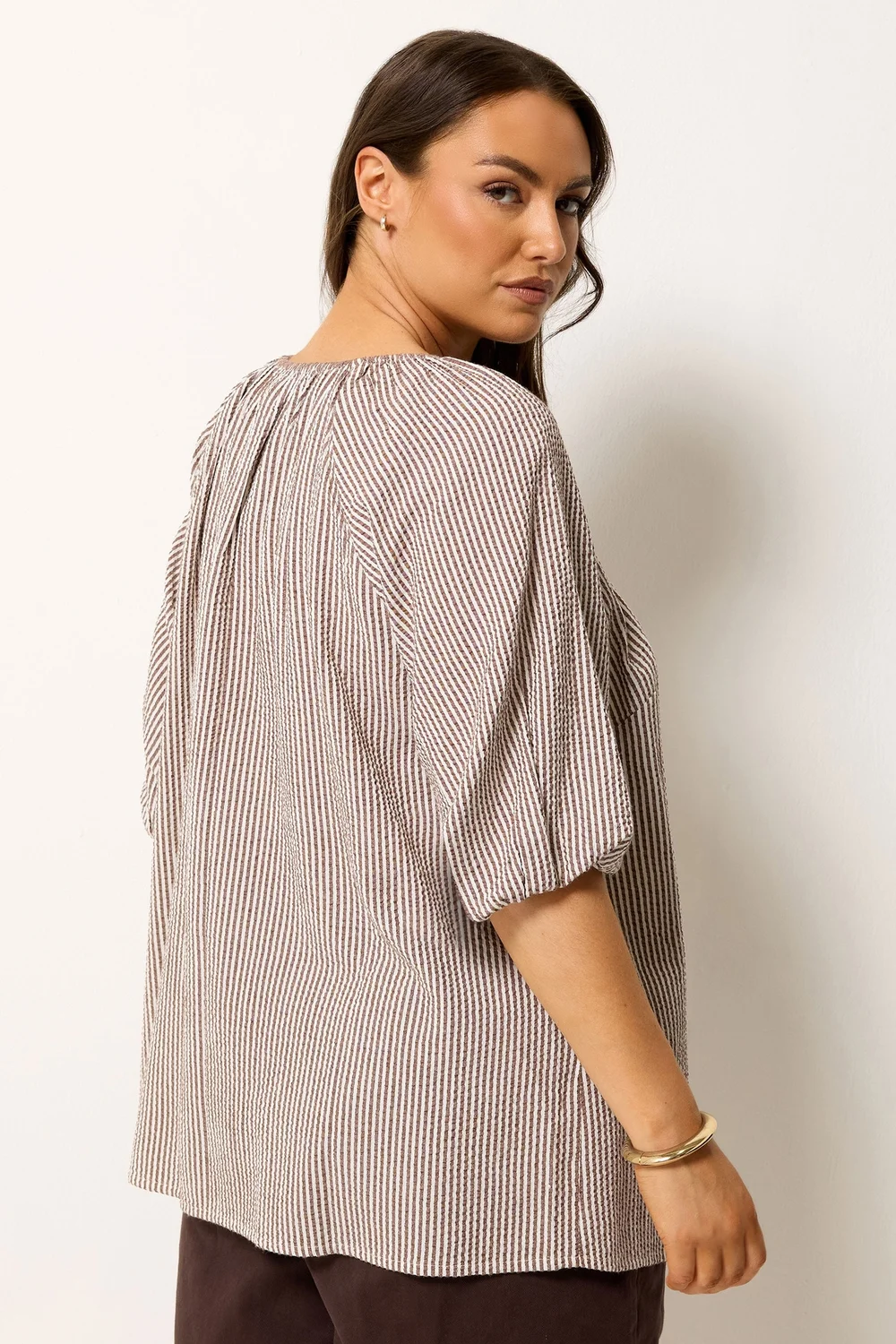 Yours Curve Brown Stripe Tie Front Top - 16 Image 3