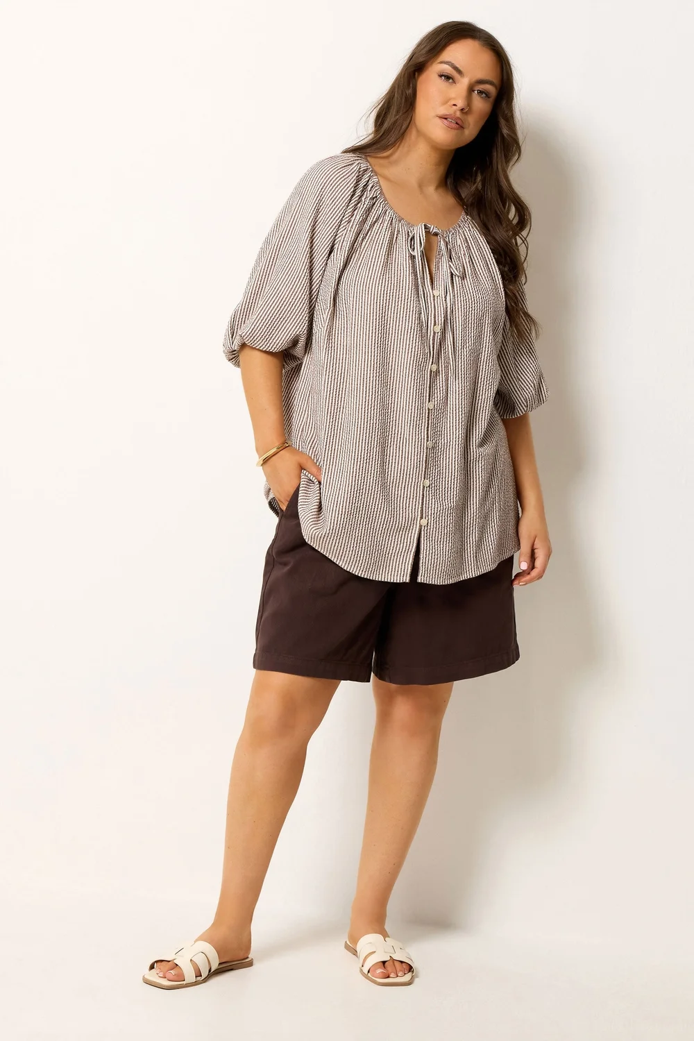 Yours Curve Brown Stripe Tie Front Top - 16 Image 2