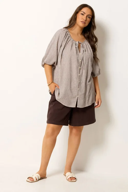 Yours Curve Brown Stripe Tie Front Top - 16 Image 2