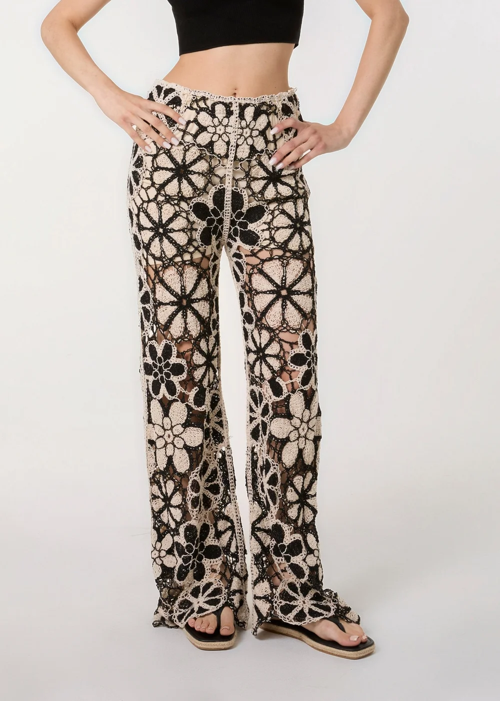 Pink Vanilla Black Crochet Pants With Flower Pattern - One Size Image 2