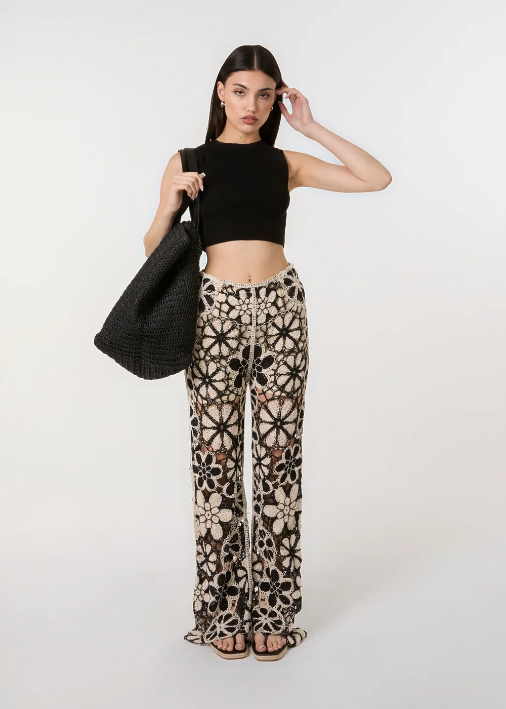Pink Vanilla Black Crochet Pants With Flower Pattern - One Size Image 1