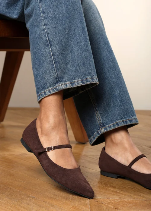 Where's That From Novalee Brown Wide Fit Pointed Toe Mary Jane Front Strap Ballet Flats - 5 Wide Image 6