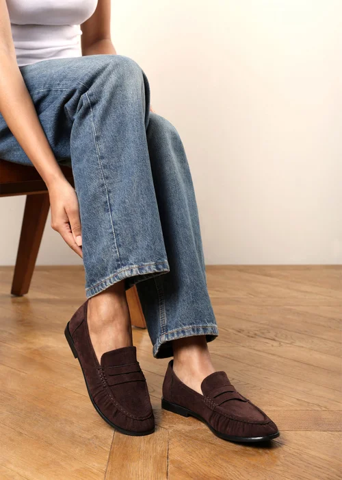 Where's That From Charleigh Dark Brown Ruched Detail Flat Penny Loafers - 7 Image 2