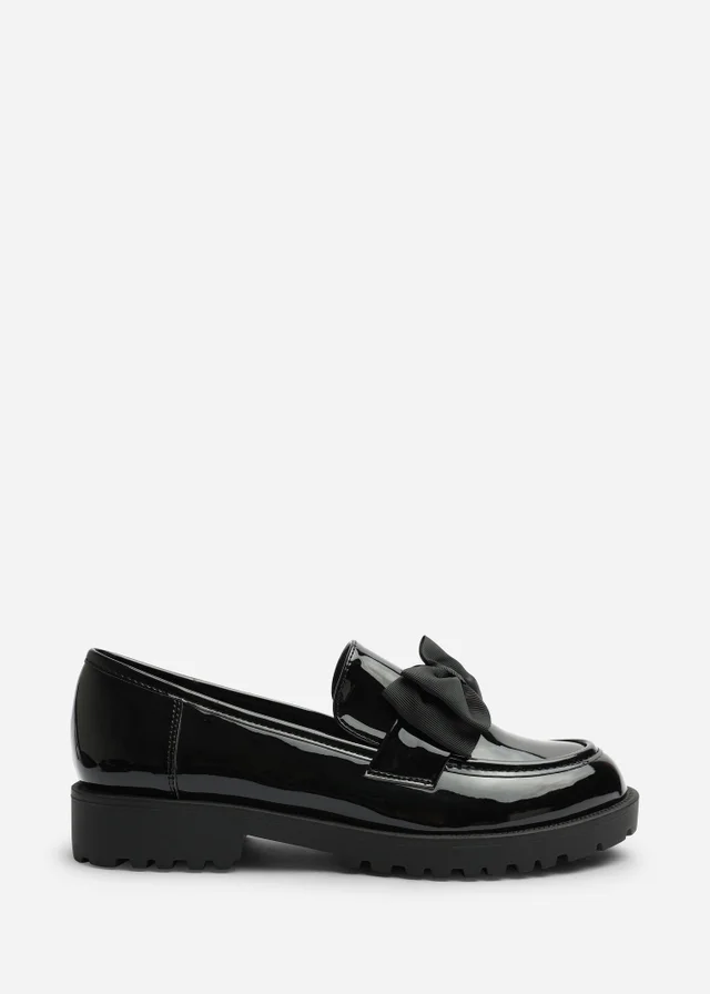 Where's That From Kinley Black Chunky Bow Detail Patent Loafers
