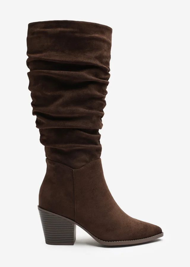 Where's That From Drelia Ruched Dark Brown Western Knee High Boot