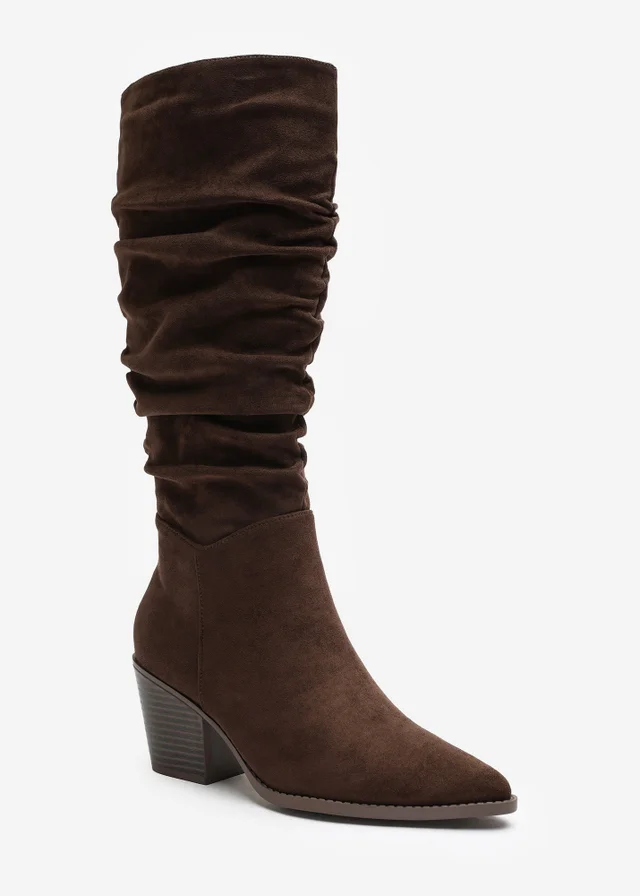 Where's That From Drelia Ruched Dark Brown Western Knee High Boot
