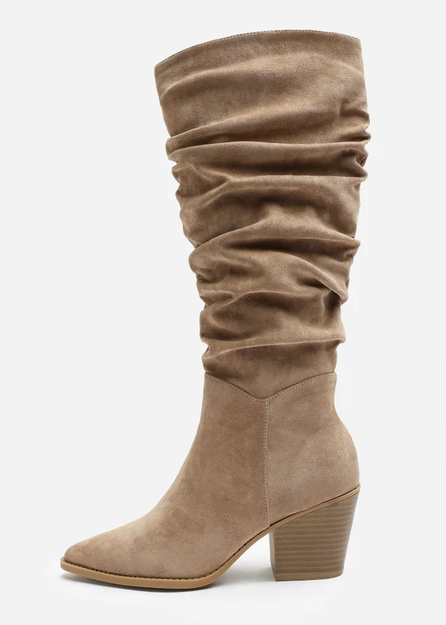 Where's That From Drelia Ruched Camel Western Knee High Boot