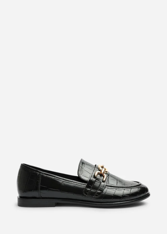 Where's That From Lettie Black Croc Wide Fit Chain Trim Detail Flat Loafers