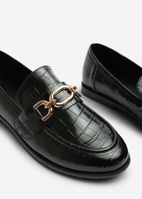 Where's That From Lettie Black Croc Wide Fit Chain Trim Detail Flat Loafers - 4 Wide Image 5
