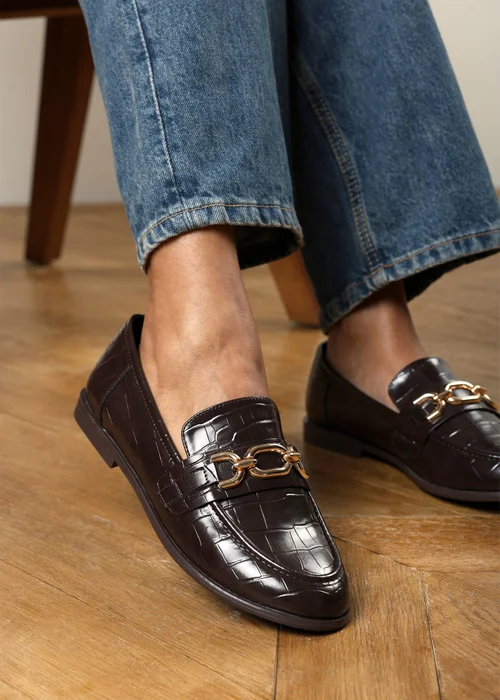 Where's That From Lettie Brown Croc Chain Trim Detail Flat Loafers - 8 Image 2