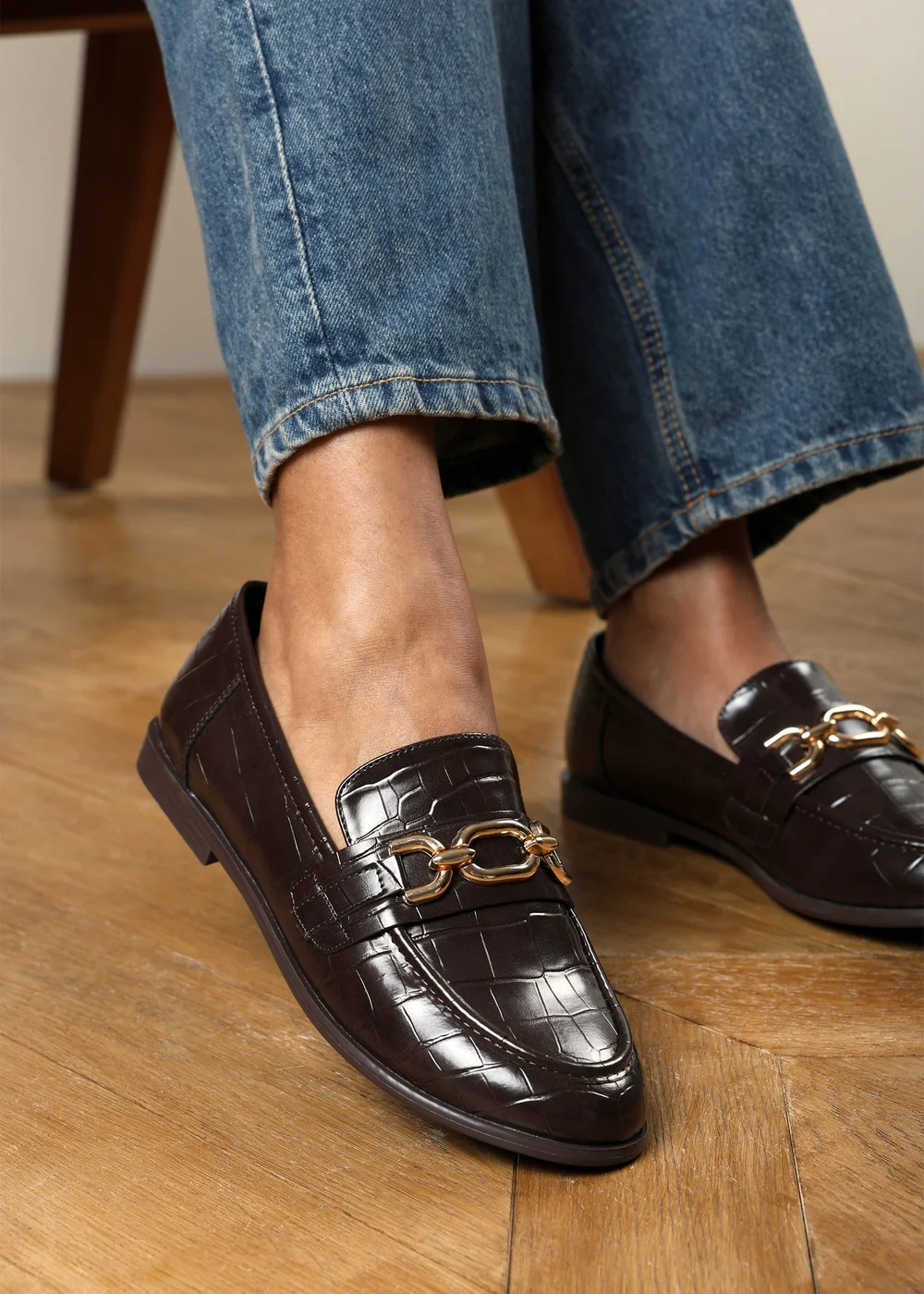 Where's That From Lettie Brown Croc Chain Trim Detail Flat Loafers - 8 Image 1