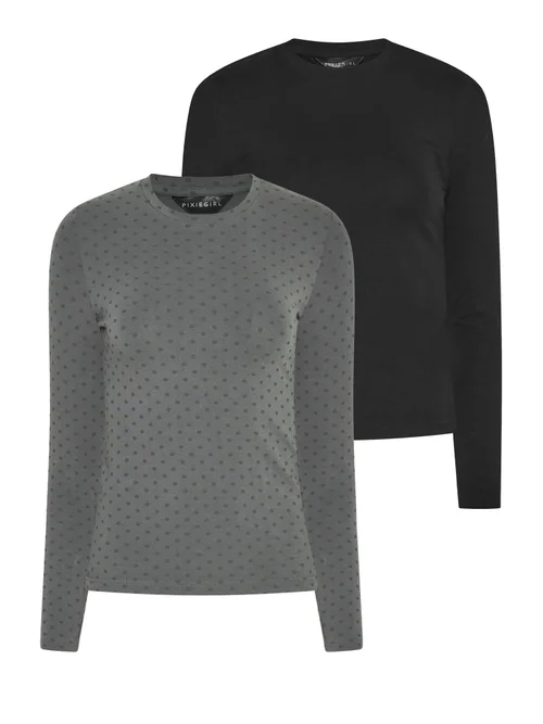 PixieGirl Petite 2 Pack Black & Grey Polka Dot Cotton Top - 6 Image 1