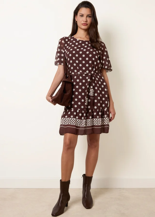 Blue Vanilla Brown Polka Dot Short Sleeve Border Dress