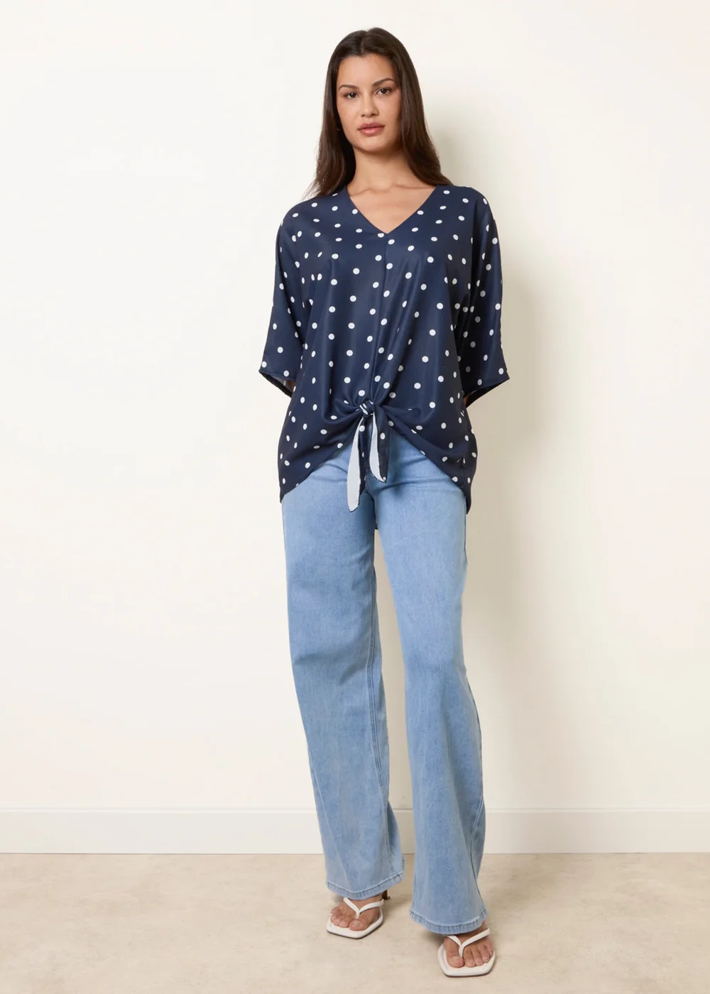 Blue Vanilla Navy Polka Dot Knot Front Top - S/M Image 3
