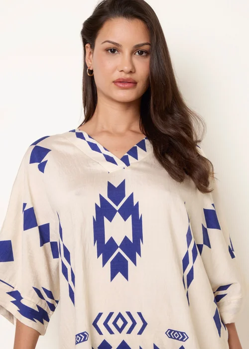 Blue Vanilla Beige Linen Geometric Print Top - M/L Image 2