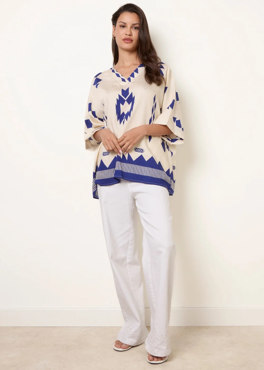 Blue Vanilla Beige Linen Geometric Print Top - M/L Image 3