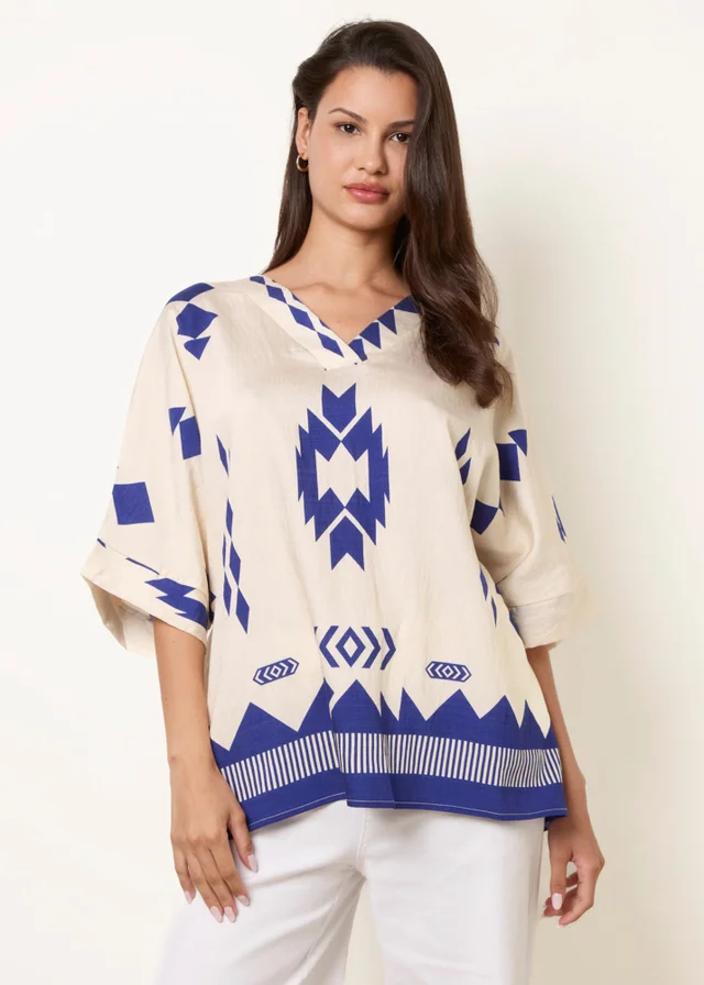 Blue Vanilla Beige Linen Geometric Print Top
